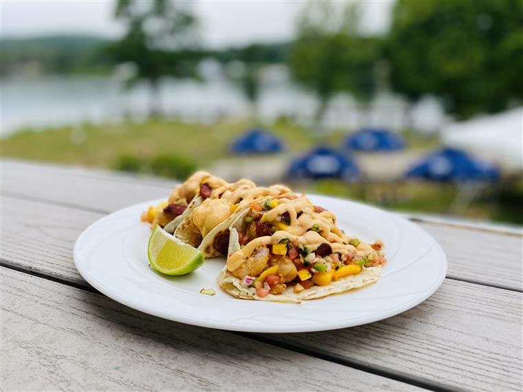 SHRIMP & CHORIZO tacos: fresh mango, pico de gallo and cilantro sour cream